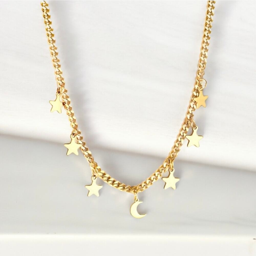 NEW 18K yellow gold plated Cuban chain boho star and moon necklace jewelry B28A - Picture 8 of 10
